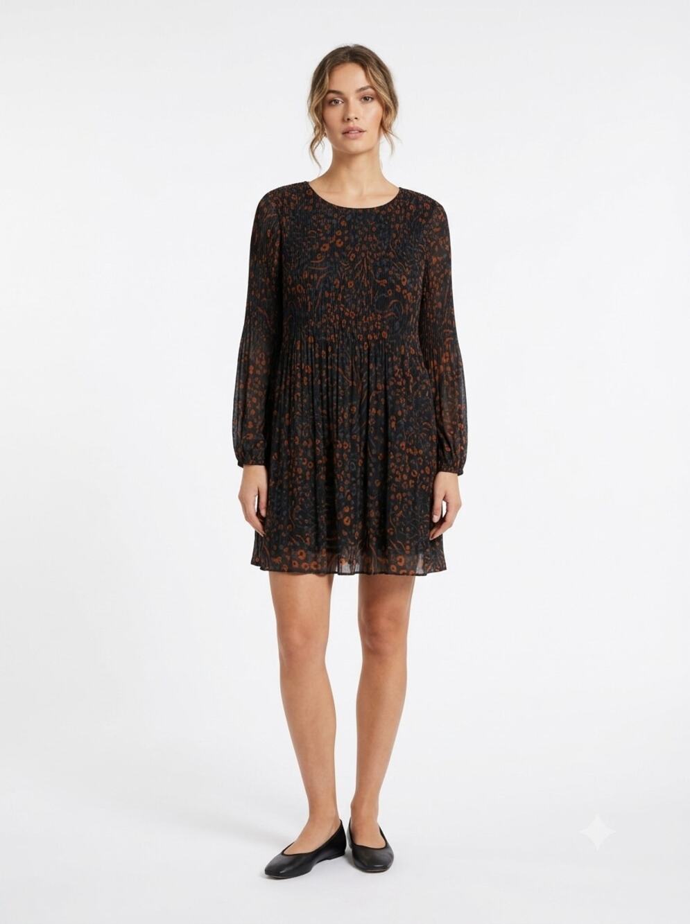 Nine West Tunic Dress Women's L Black Rust Orange Animal Print Pleated Chiffon